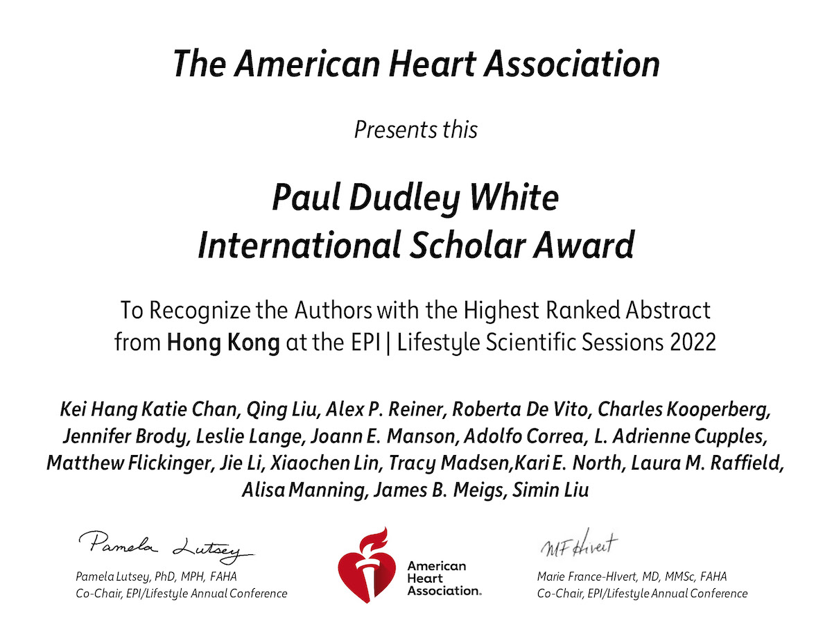 The certificate of recognition of the Paul Dudley White International Scholar Award.