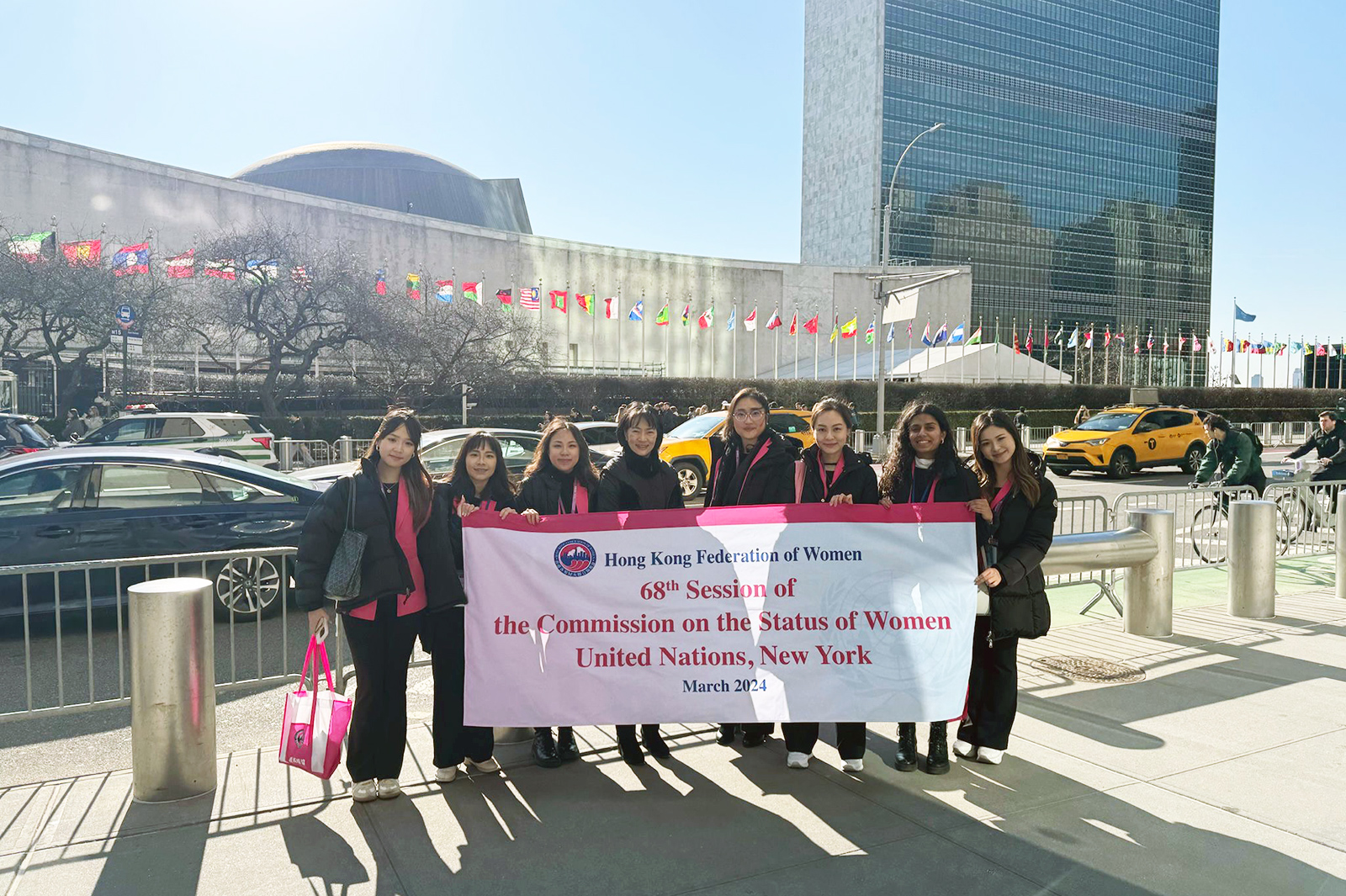 Elina (first from left) and Nicola (second from left) represent CityUHK as part of the delegation from the Hong Kong Federation of Women (HKFW) at UN CSW68.