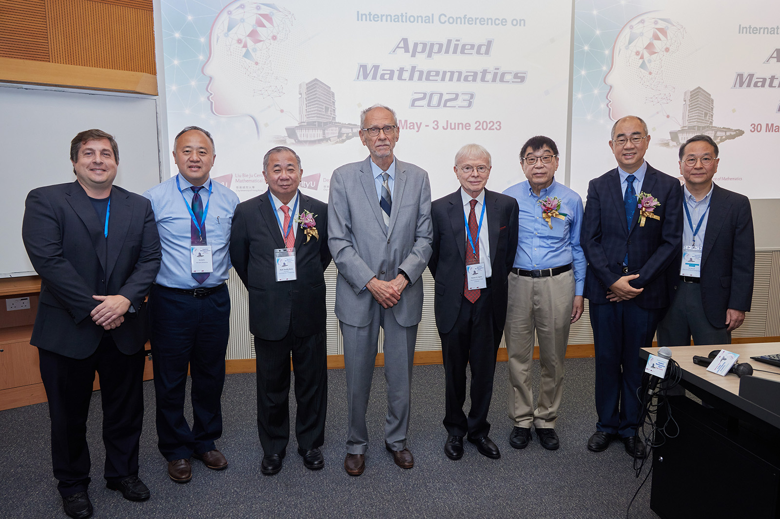 (From left) Professor Yuri Bazilevs from Brown University; Professor Jun S. Liu from Harvard University; President Boey; Professor Waterman; Professor Hughes; Professor Wong; Professor Raymond Chan Hon-fu, Acting Vice-President (Student Affairs) at CityU; and Professor Lu Yayan, Director of CityU’s LBJ, take part in the opening ceremony.