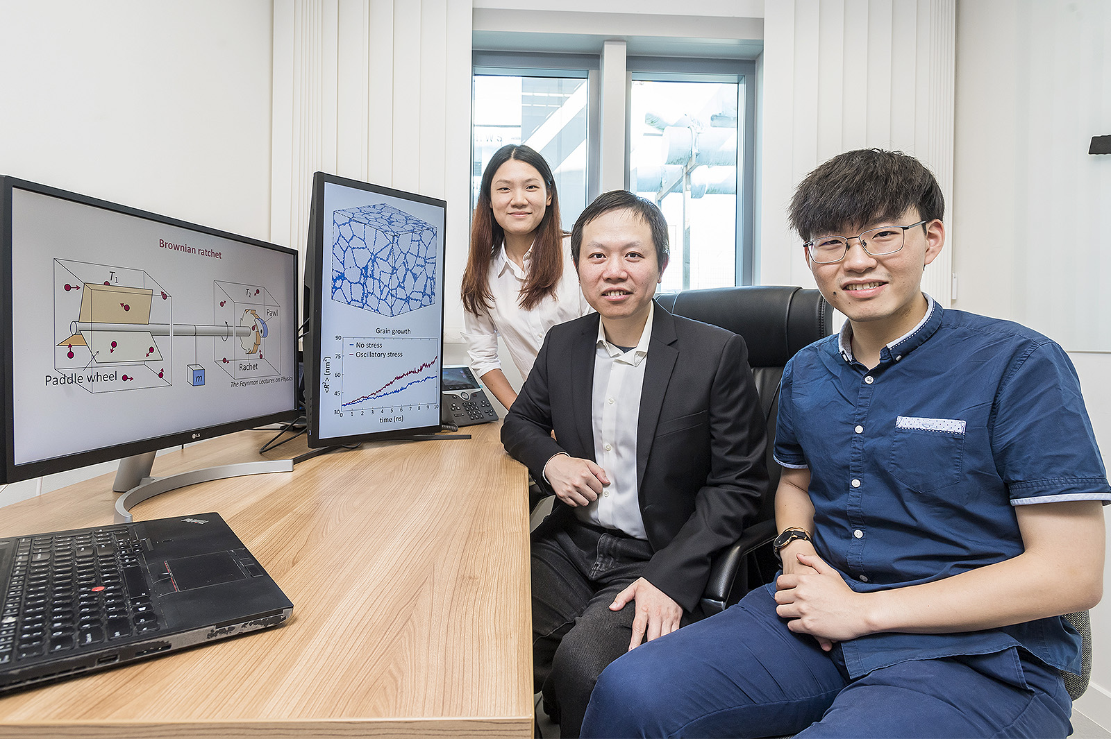 Research team at CityUHK: (from right) Qiu Caihao, Professor Han, and Wang Siqi (another author)