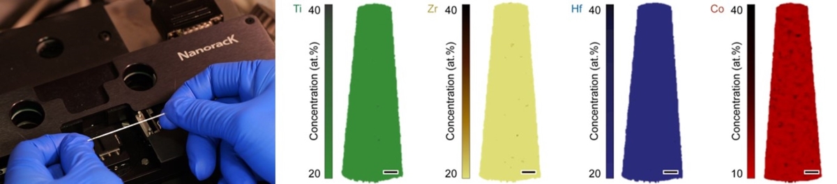 Photo of Ti25Zr25Hf25Co25 multi-principal element metallic glass, and 3D atom probe tomography images of the metallic glass.
