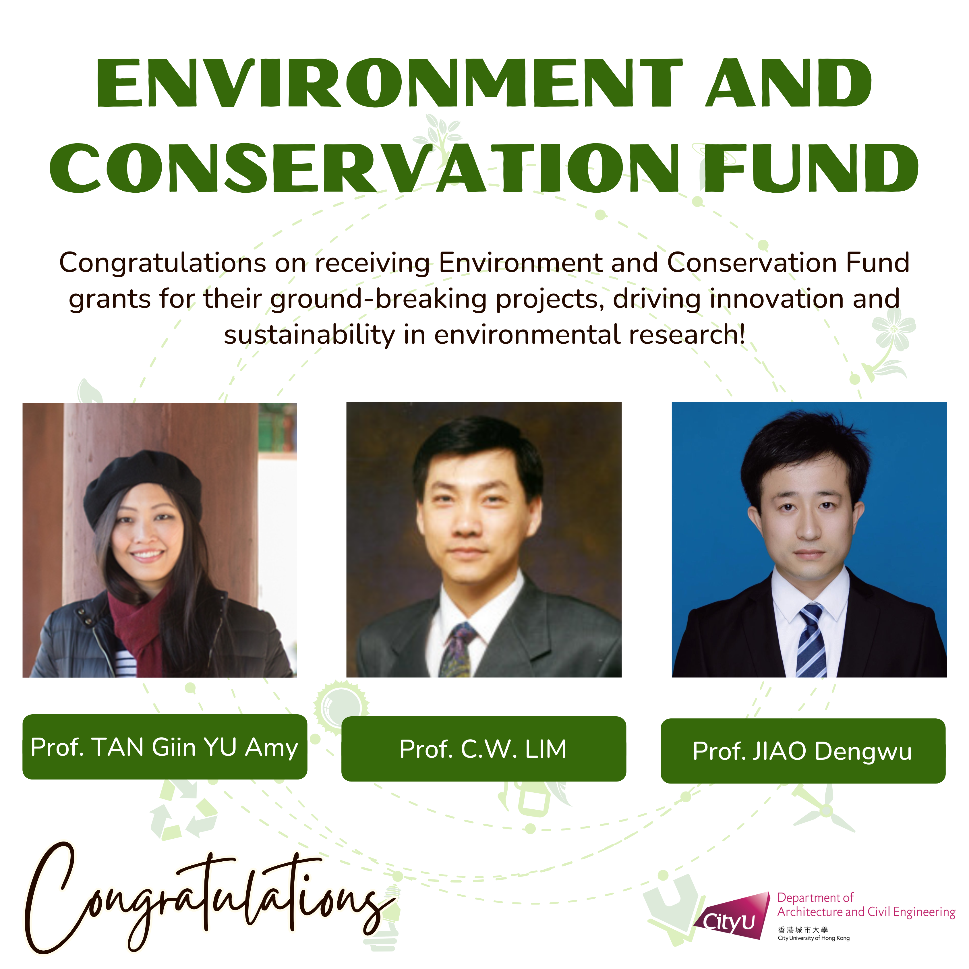 Congratulations to our esteemed professors on being granted the Environment and Conservation Fund for their ground-breaking projects! 🌱  🌍 Prof.  TAN Giin Yu Amy Project Title: Development of a Micro-aerated Anaerobic Digestion (MAAD) Process to Enhance Biogas Production and Sulfide Suppression [新型微曝氣厭氧消化 (MAAD) 技術增強含鹽污泥的沼氣產量並抑制硫化物排放] Funding Amount: HK$700,000  🌍 Prof. C.W. LIM  Project Title: Development of Sustainable Green Structural Concrete via Effective Utilization of Waste Glass and Basalt Fiber 