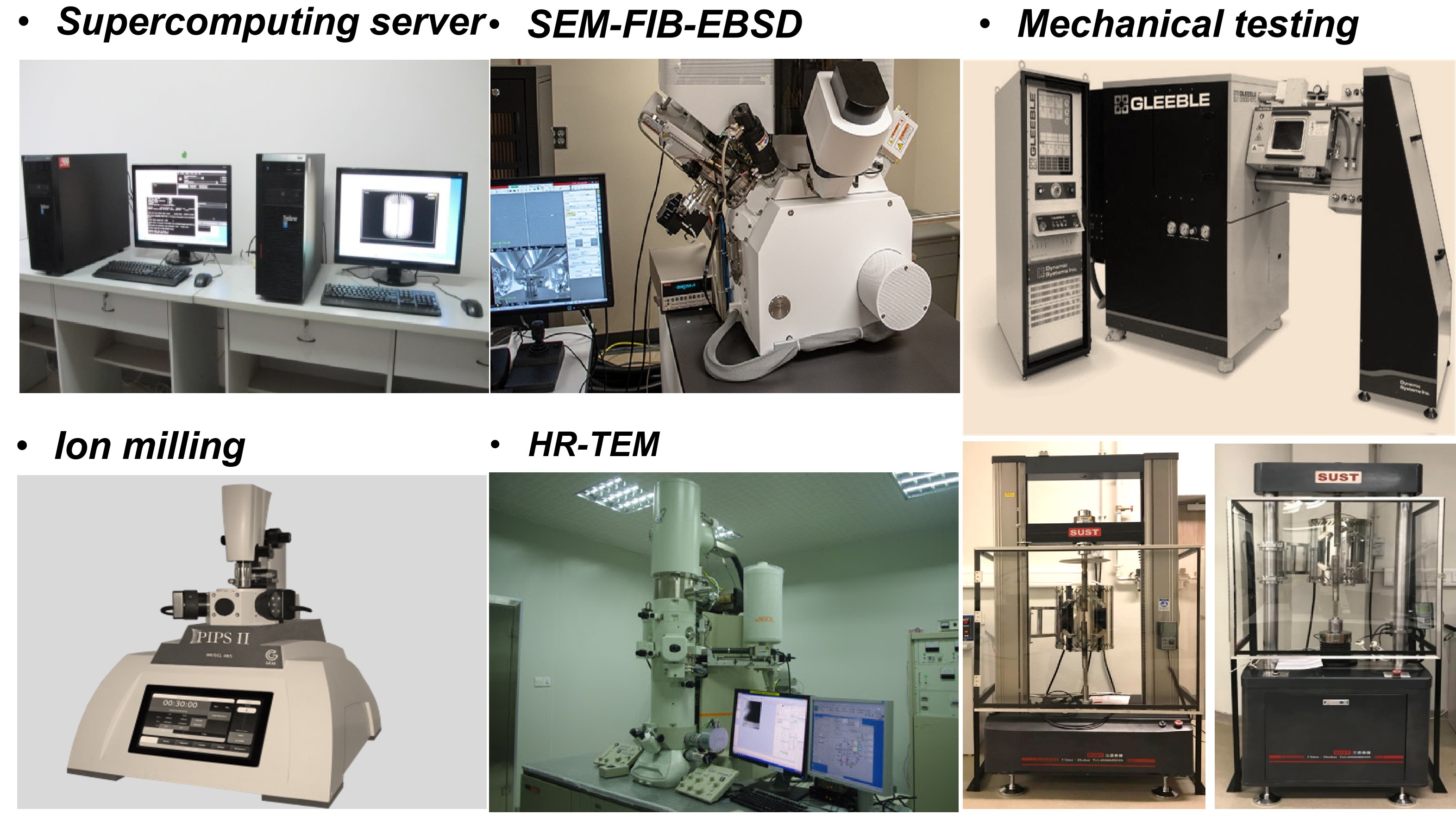 Computing, SEM-FIB-EBSD, ion milling, high-resolution electron microscopy and mechanical testing equipment