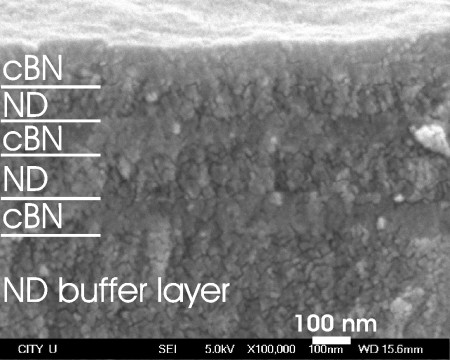 Cross-sectional SEM micrograph showing the N-cBN/ND multilayer grown on a thick ND buffer layer