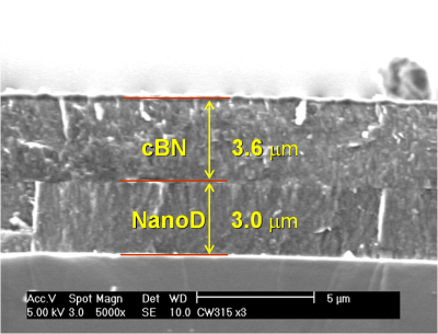 The cross-sectional SEM image of the thick cBN-nanodiamond-Si structure