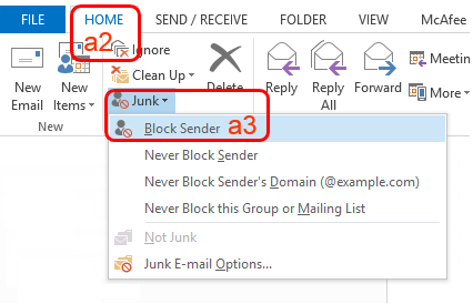 sender outlook block blocked list junk