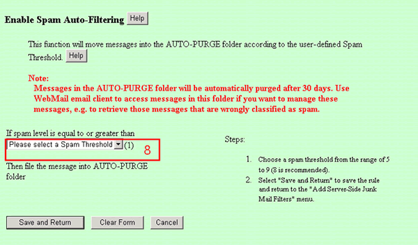 Select a Spam Threshold from the range of "5" to"9"