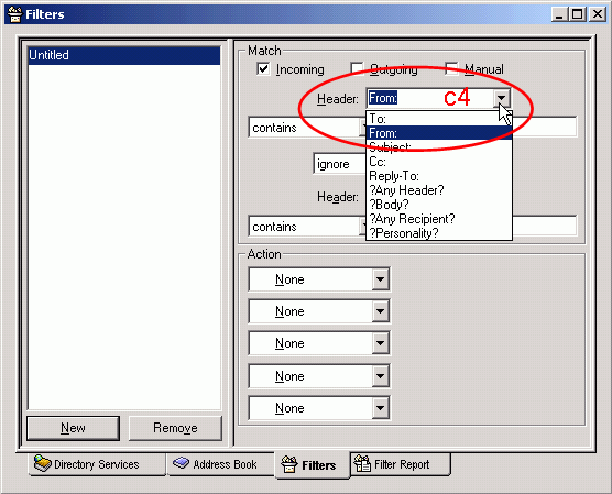 Use the drop-down lists of "Header" to set the criteria for the filter