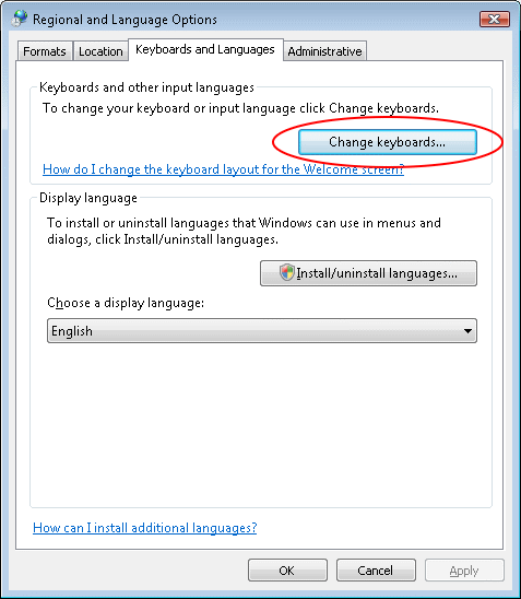 Click on the "Change keyboards..." button of the "Keyboards and Languages" tab