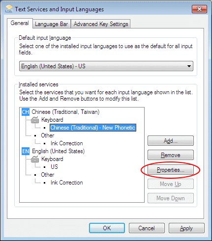 Highlight "Chinese (Traditional) - New Phonetic" and then click "Properties..." 