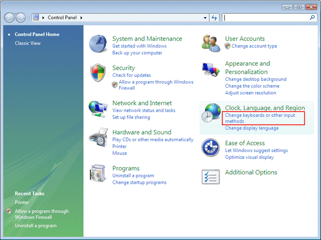 Click "Start" --> "Control Panel" --> "Change keyboards or other input methods" of "Clock, Language and Region"