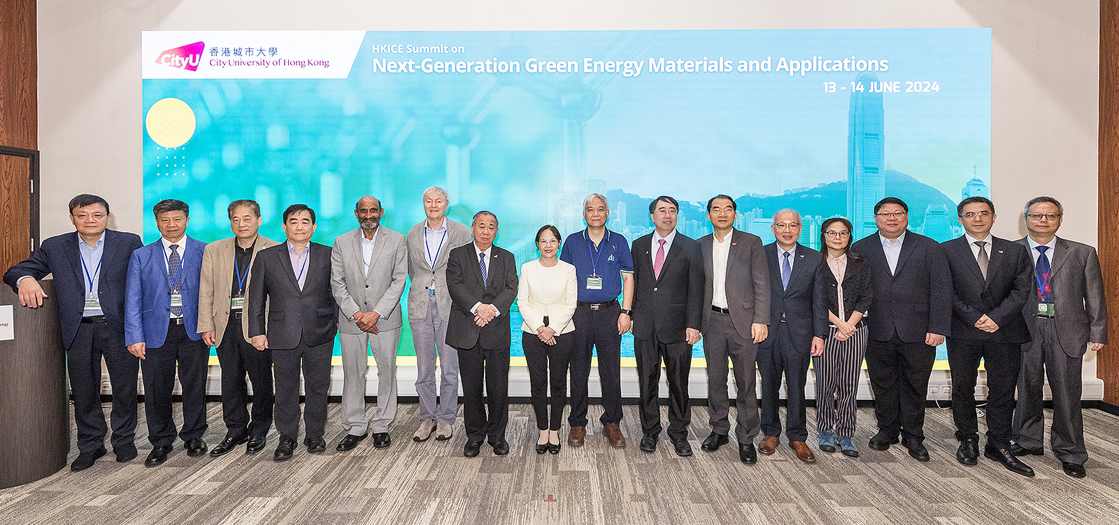 President Boey (7th from left) and Ms Wong (8th from left), Under Secretary for Environment and Ecology of Environment and Ecology Bureau, attended the opening ceremony of the HKICE Summit on Next-Generation Green Energy Materials and Applications alongside academics from CityUHK and other institutions.