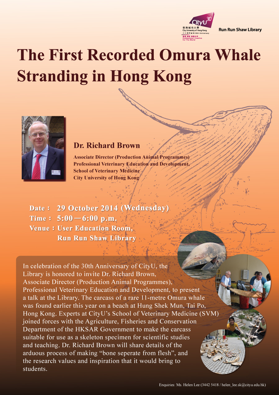 Library's Talk: The First Recorded Omura Whale Stranding in Hong Kong
            Date: 29 October 2014 (Wednesday)
            Time: 5:00 pm - 6:00 pm
            Venue: User Education Room, Run Run Shaw Library, CityU
            Enquiries: helen_lee.sk@cityu.edu.hk / 3442-5418 (Ms. Helen Lee)
