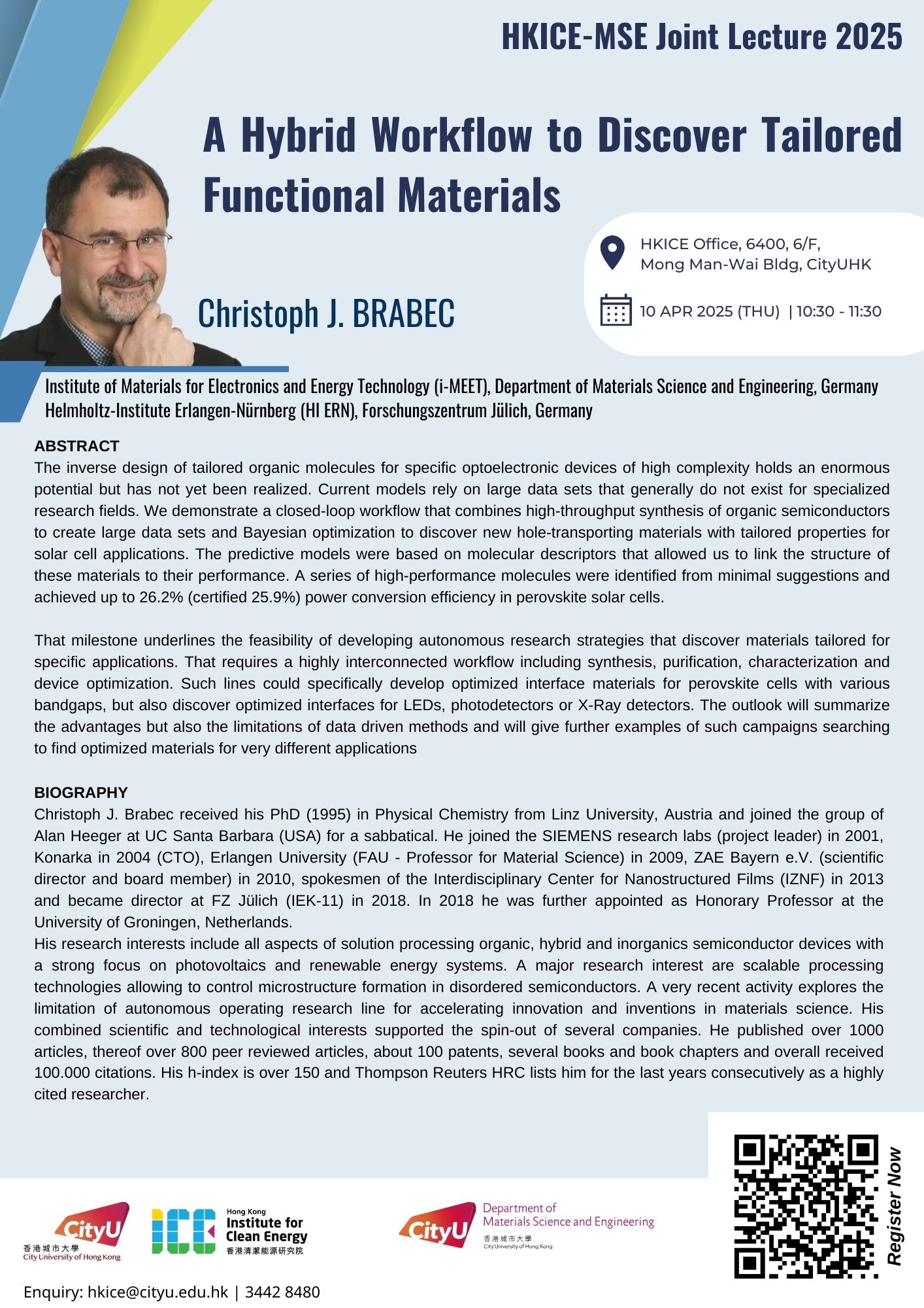 HKICE-MSE Joint Lecture – Prof. Christoph J. BRABEC (10 April 2025)