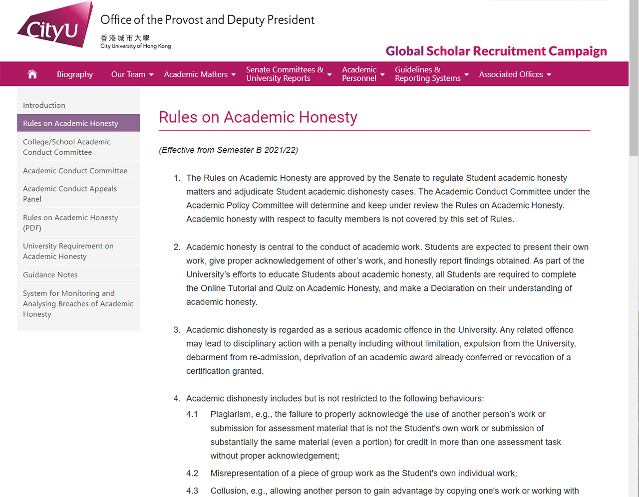 Rules on Academic Honesty