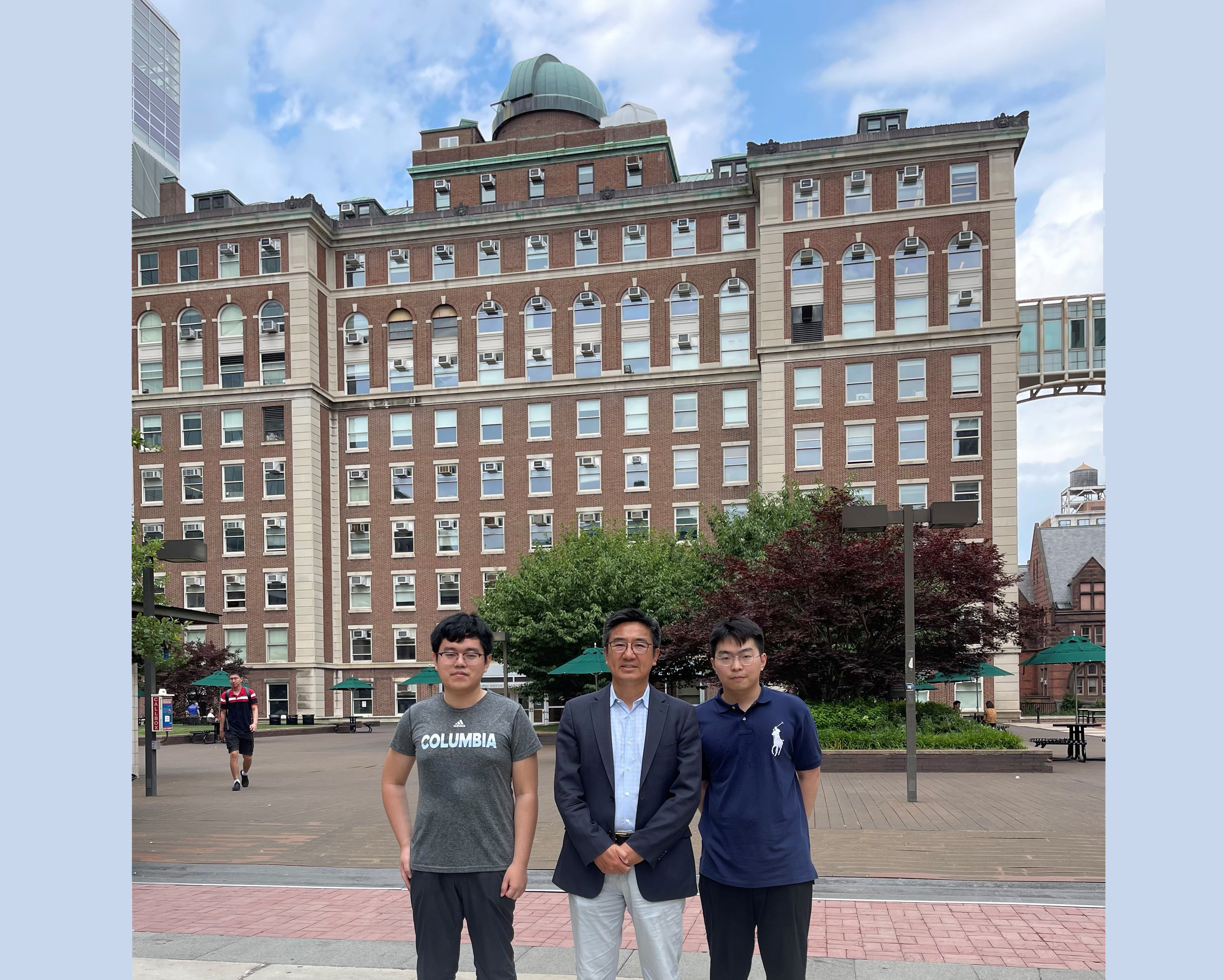 Prof. Wang Xunli (middle), Chen Bowen (left) and He Chennan in front of the Department of Physics building at Columbia University