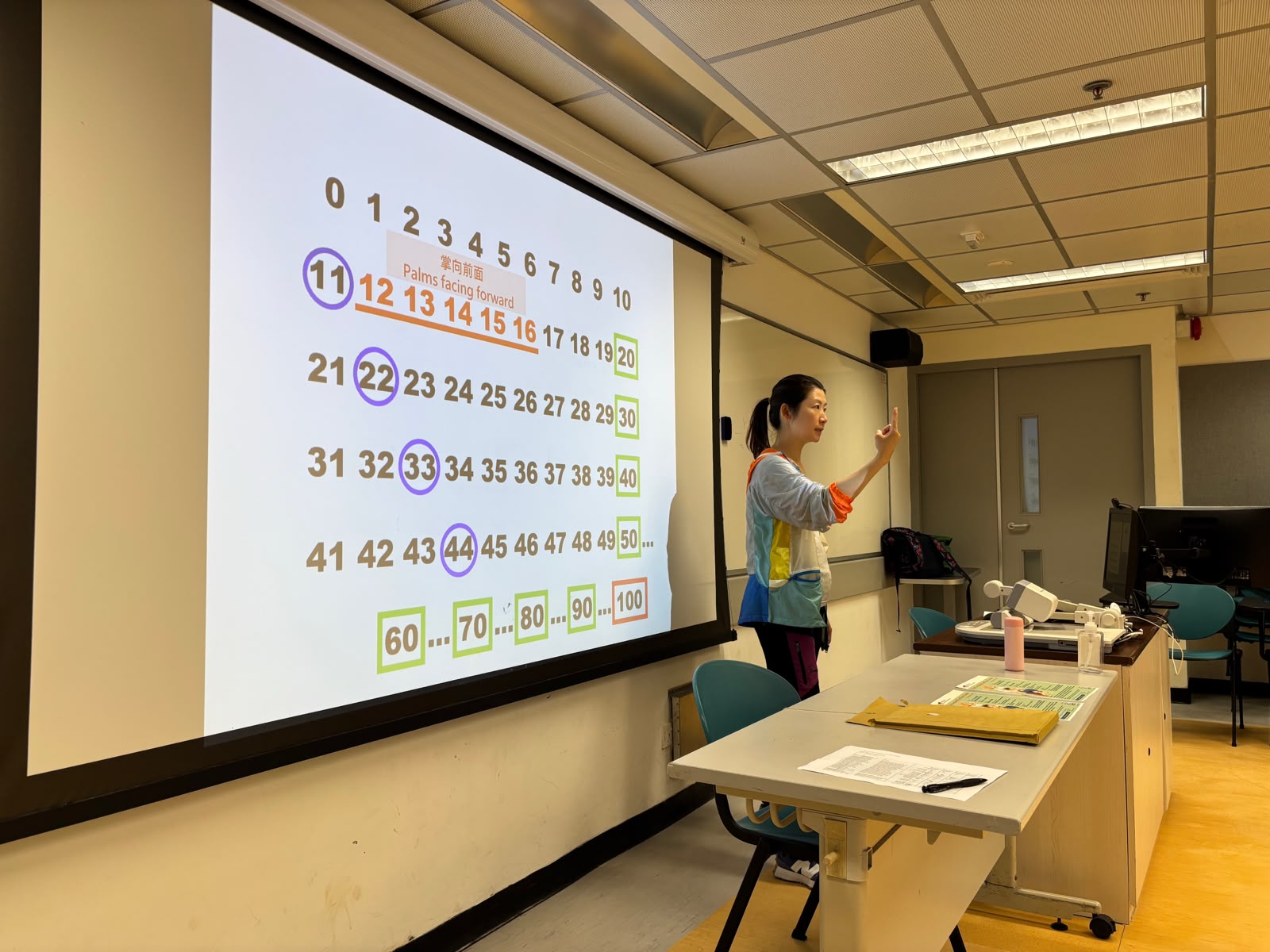The deaf teacher was teaching sign language for numbers.