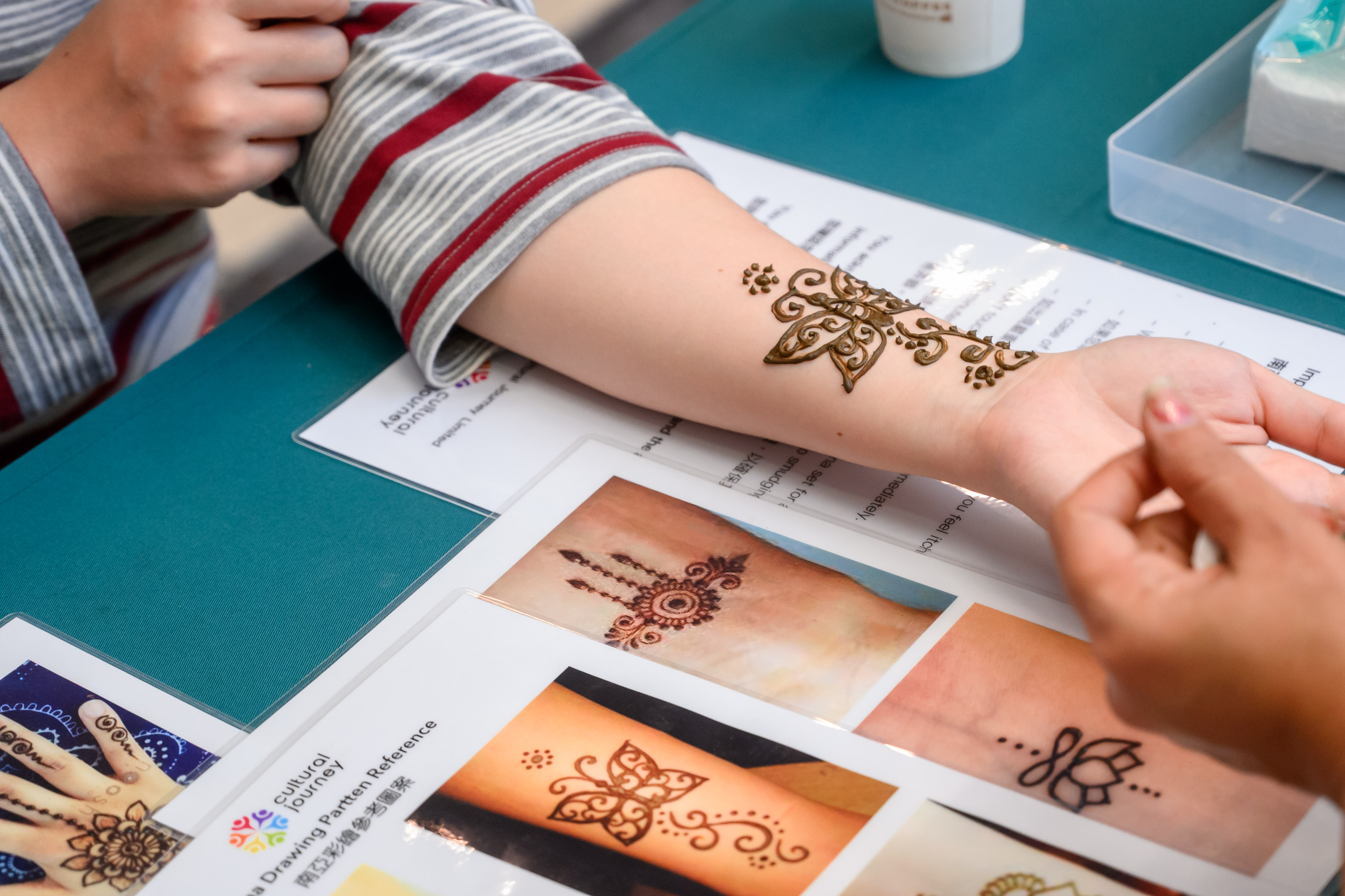 The artist is drawing henna on the students' hands.