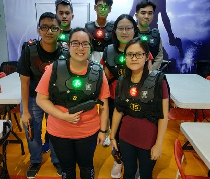 7 participants were geared up with a laser gun to play a attack-defense game in 2 teams. 7名參加者分成2組用鐳射槍打攻防戰