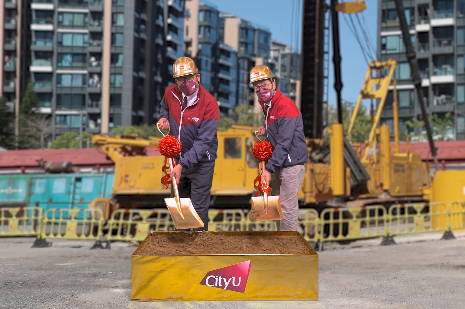 Mr Huang and President Kuo officiate the online groundbreaking of the Student Hostel project at Whitehead.