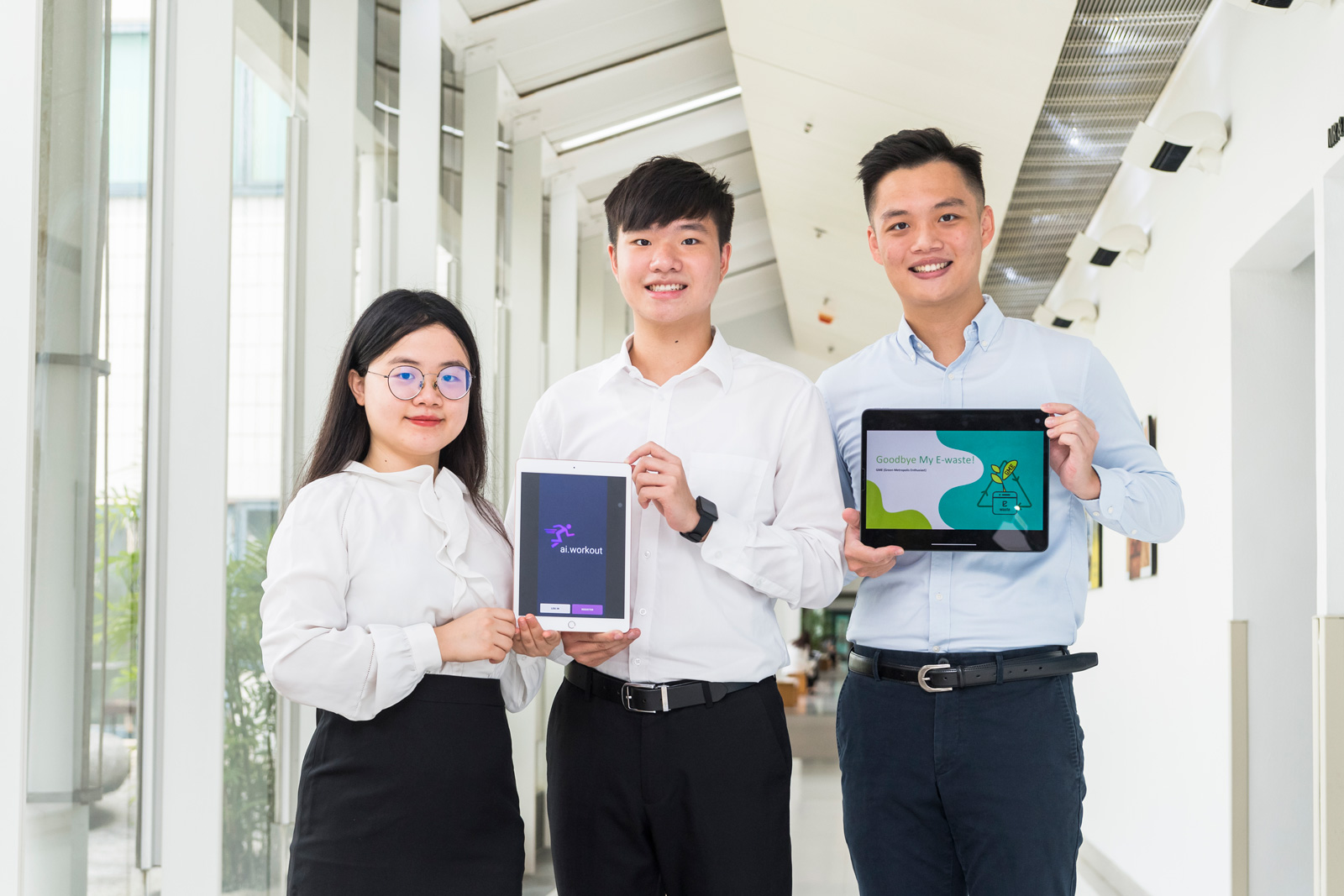 (From left) Natalie Tam, Ken Kwok and Manson Mak were among the final winning teams at this year’s UAiTED Innovation Competition.