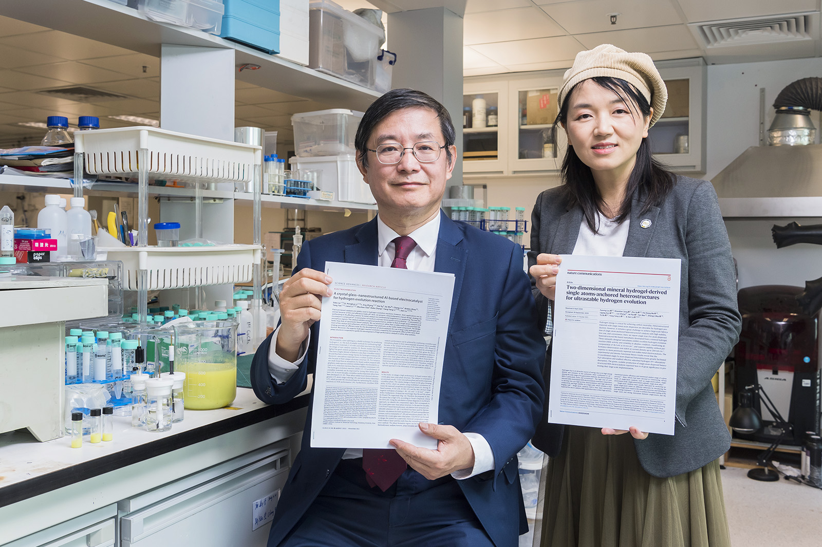 Research teams co-led by (from left) Professor Lu Jian and Dr Li Yangyang have developed two novel electrocatalysts for hydrogen production.
