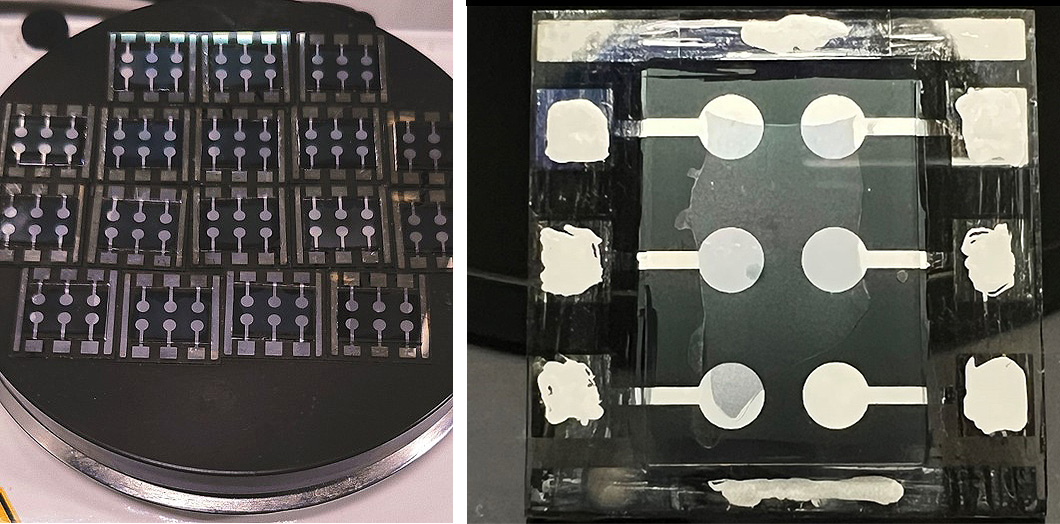 (Left) Perovskite solar cells under high temperature aging. (Right) Photo of perovskite solar cells with novel SAM.