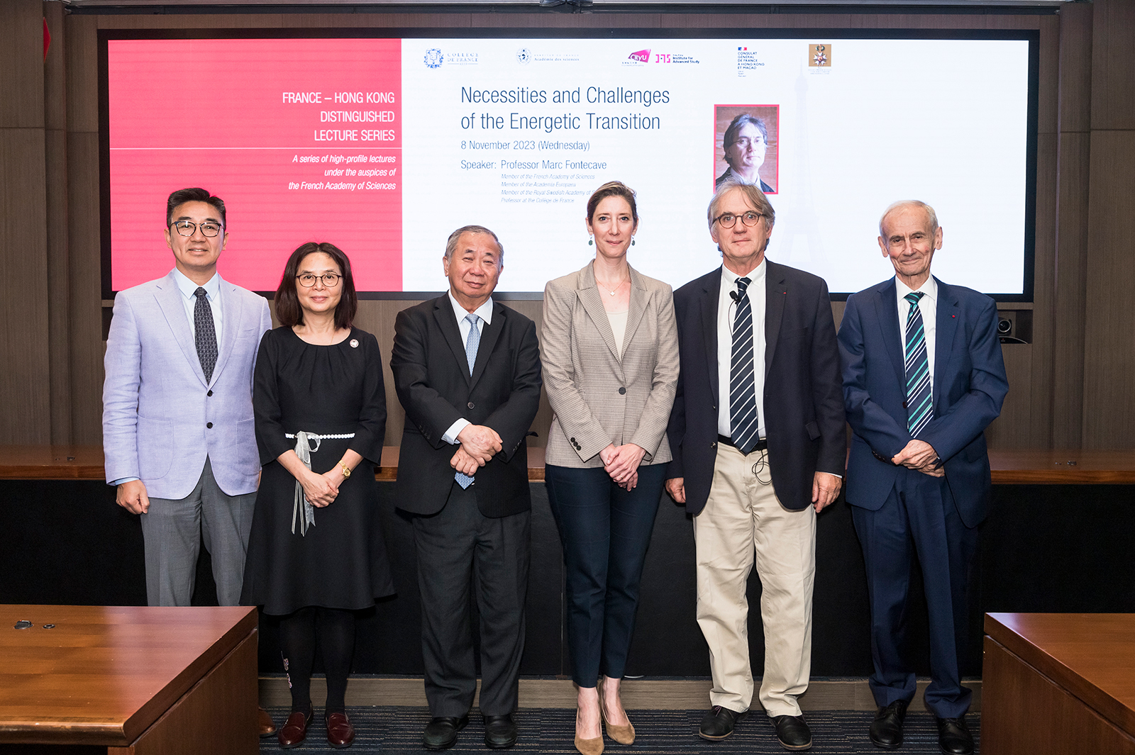 (From left) Professor Wang Xunli, Executive Director of Hong Kong Institute for Advanced Study (HKIAS) at CityU; Professor Cheng Shuk-han, Associate Vice-President (Research); President Boey; Ms Drulhe; Professor Fontecave; Professor Philippe Ciarlet, Senior Fellow of HKIAS.