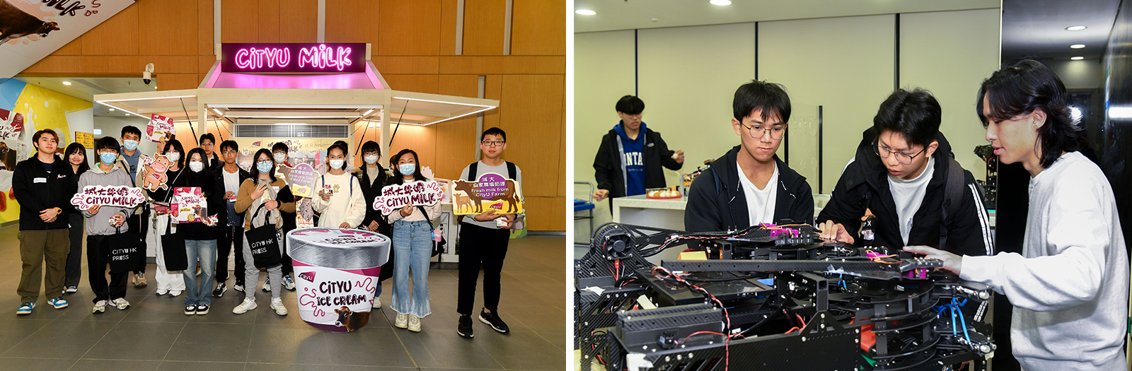 Participants visit various facilities including CityUHK Milk Product Counter (left) and the State Key Laboratory of Terahertz and Millimeter Waves (right).