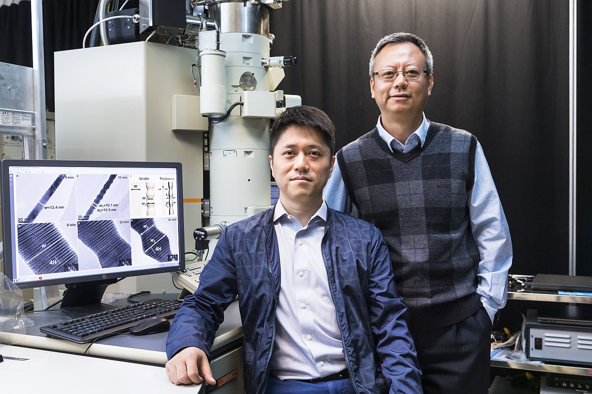 陸洋博士（左）及張華教授（右）攜手合作，成功解開超薄4H金納米帶的熱穩定性之謎。