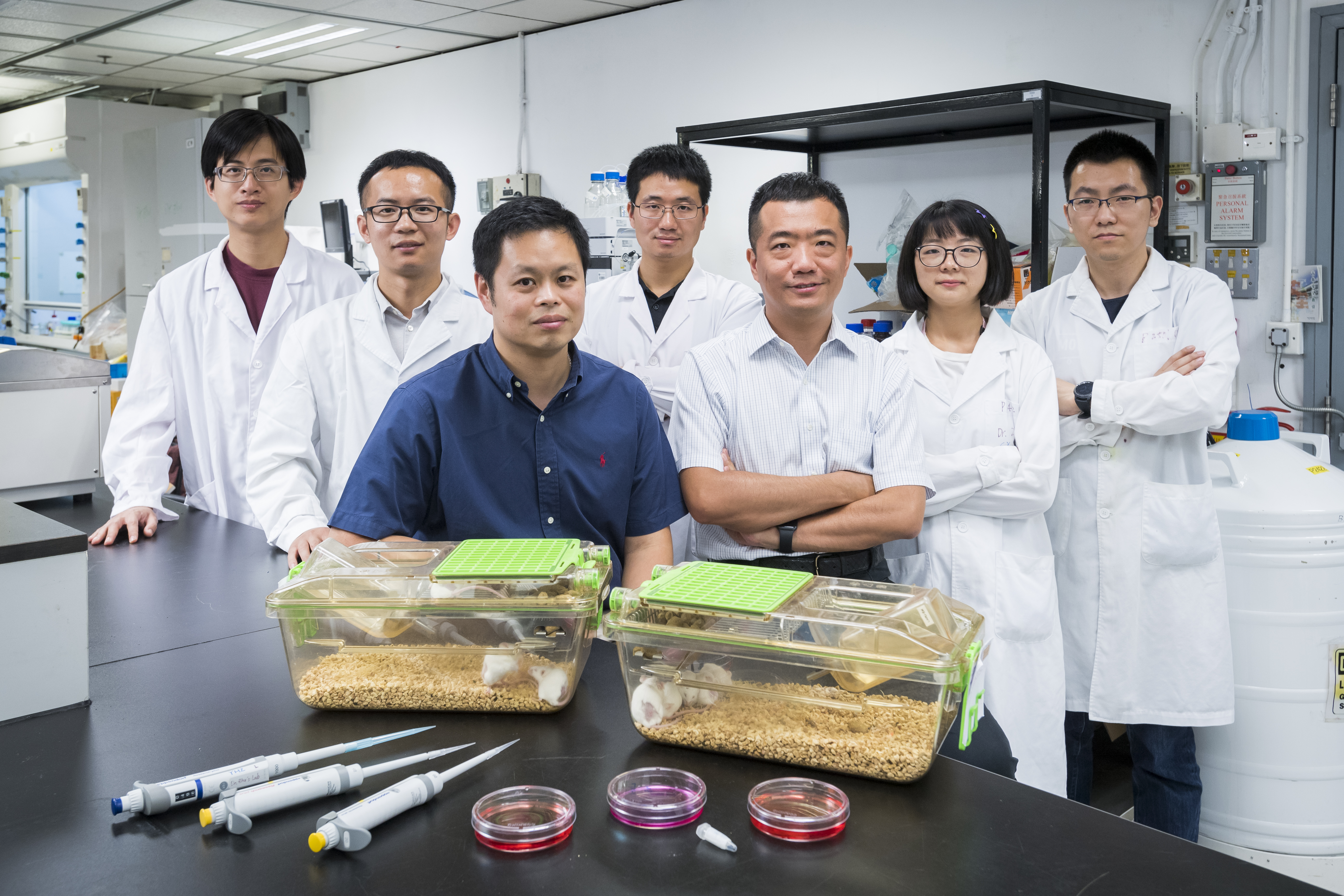 (front left) Dr Ko Chi-Chiu & Dr Zhu Guangyu, Associate Professor of Department of Chemistry, City University of Hong Kong. (from back left) Cheng Shun-Cheung, Wang Zhigang, Xu Zoufeng, Chen Shu & Deng Zhiqin. 