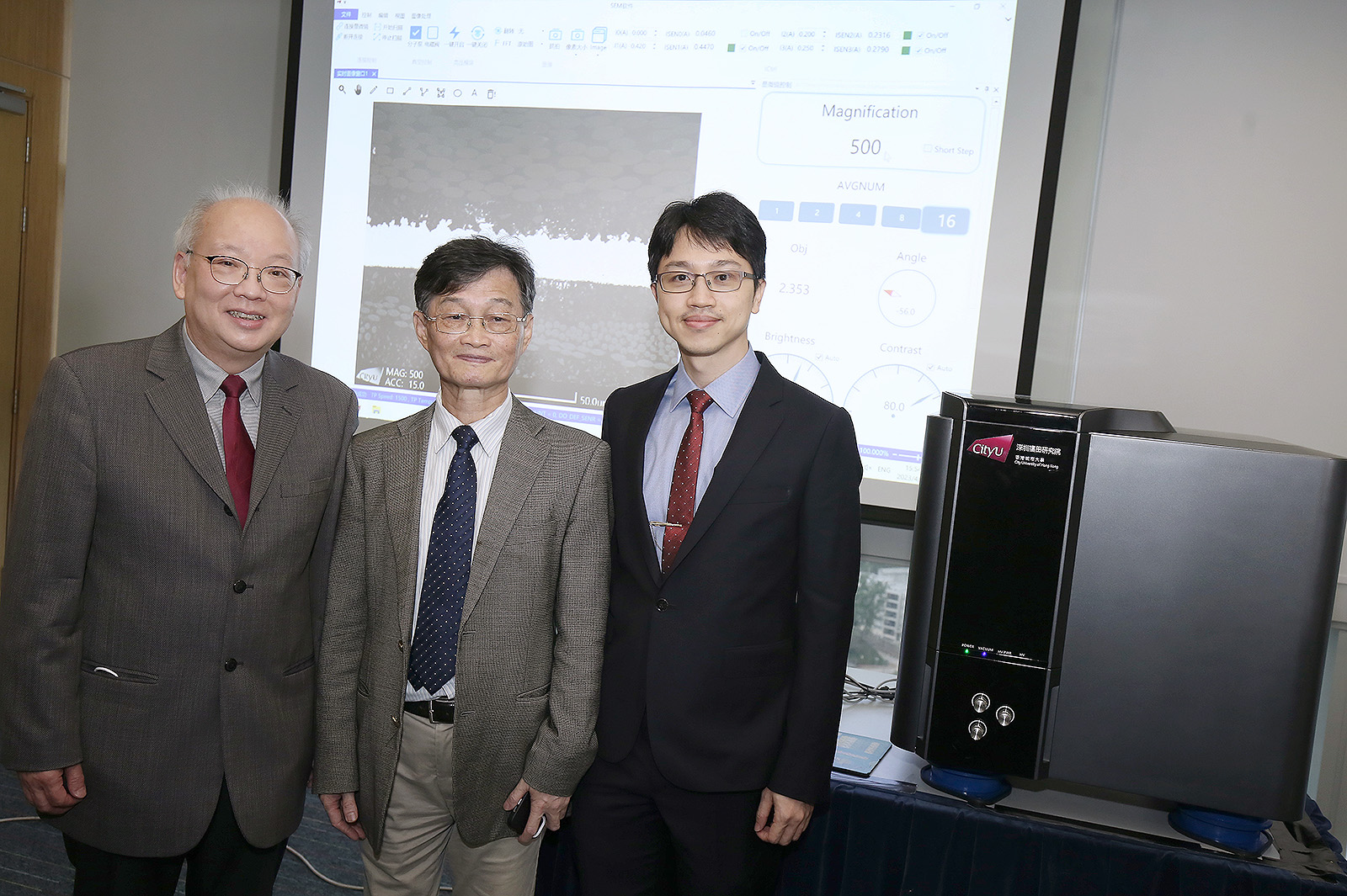 Professor Chan Chi Hou, Acting President (from left), Prof Chen Fu-rong, Chair Professor in the Department of Materials Science and Engineering, Director of the Time-Resolved Aberration-Corrected Environmental EM Unit (TRACE) and Director of the Shenzhen Futian Research Institute; and Dr Hsueh Yu-chun, Research Fellow, TRACE.