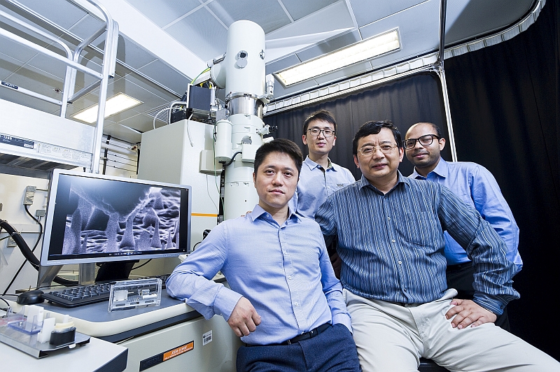 The CityU team has discovered that nanoscale diamond can experience a significant amount of elastic deformation. (From left: Dr Lu Yang, Zhang Hongti, Professor Zhang Wenjun and Amit Banerjee)