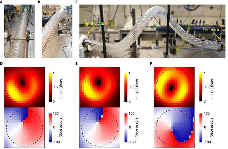 Experimental demonstration of the spin-redirection geometric phase for a sound vortex. (A to C) Experimental setups for a straight waveguide, a bent waveguide, and a helical waveguide, respectively. (D to F) Magnitude and phase of the pressure field detected at the end of the waveguide corresponding to (A) to (C), respectively.