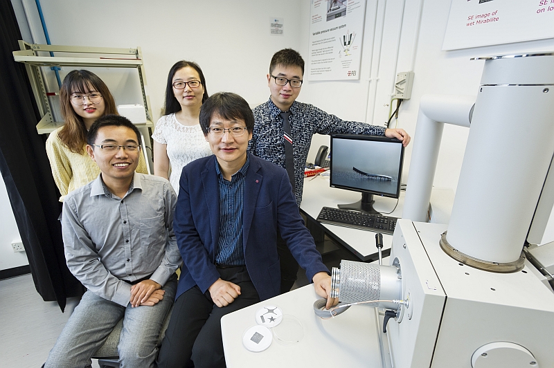 Professor Wang (front row, right), Dr Shen (front row, left) and members of the CityU team who have developed the novel tiny, soft robot.