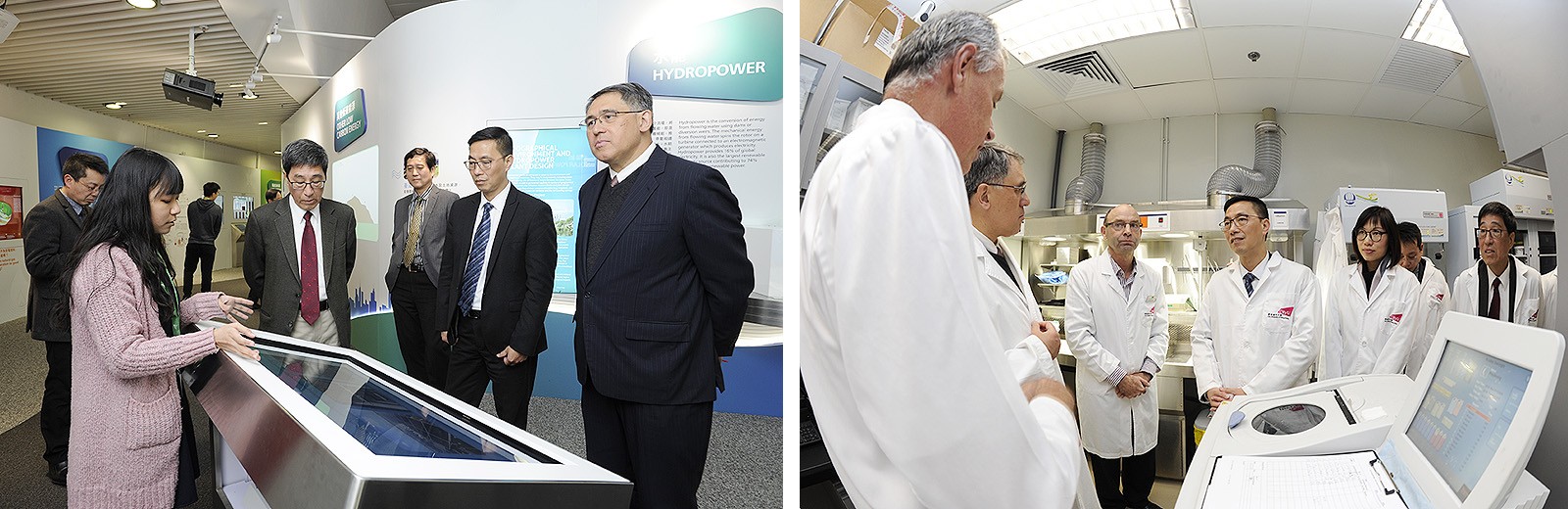 楊先生參觀中華電力低碳能源教育中心（左）及城大動物醫療檢驗中心（右）。