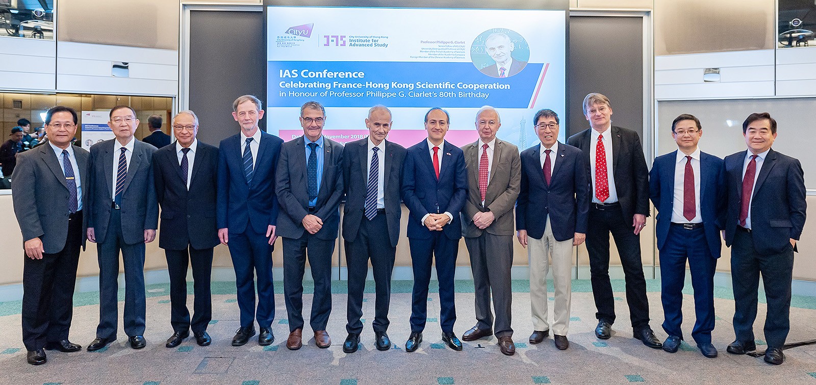 (From left) Professor Jacob Huang, Professor Li Tatsien, Professor Jean Salençon, Professor Sir John Ball, Professor Serge Haroche, Professor Philippe G. Ciarlet, Mr Alexandre Giorgini, Professor Jean-Marie Lehn, Professor Way Kuo, Professor Pierre-Louis Lions, Professor Lu Jian, Vice-President (Research and Technology) and Professor Alex Jen Kwan-yue, Provost.