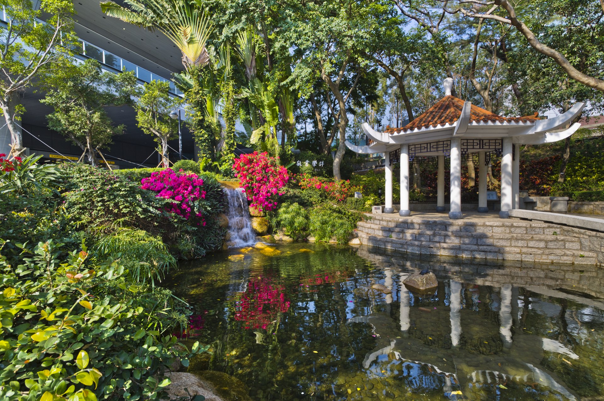 Landscaped CityUHK campus garden with a pavilion and pond