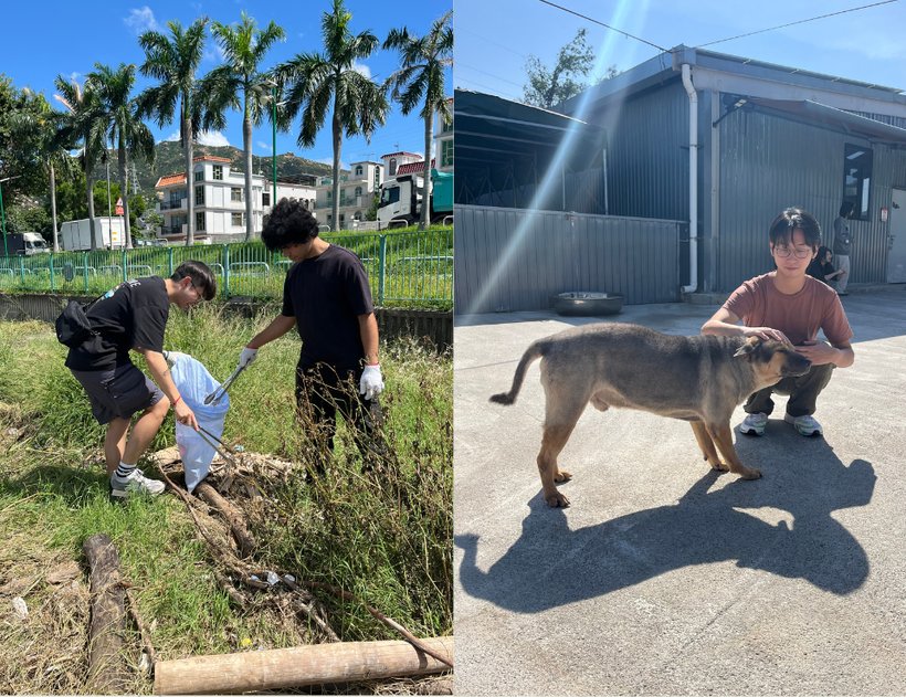 CEP students clearing overgrowth in a village and caring for a dog at an animal shelter